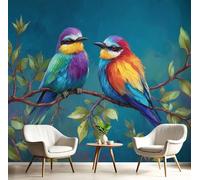 Papier Peint Oiseaux Colorés Mural, Style De Peinture L'Huile Grandt Mural 3D Pour Salon, Chambre, Chambre D'Enfants,Bleu Foncé 308X220 Cm Décoration Murale Fresque