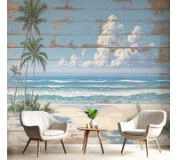 Papier Peint Palmiers Plage Tropicale Panoramique 3D Bleu Ciel Papier Peint Style Rétro Vieilli Murale Salon Chambre À Coucher Maison Décoration Intérieure ( 150X105 Cm)