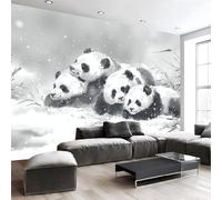 Papier Peint Panda Des Neiges D'Hiver, Papier Peint Panoramique Animaux Peints À L'Encre Noir Et Blanc Pour Salon Chambre Bureau Couloir Arrière-Plan Tv, Décoration Murale 3D, 250X175Cm (L X H)