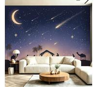Papier Peint Panoramique 1 Tendance, Décoration Murale Salon Chambre 300 x 210 cm Facile d’entretien, résistante aux UV Bleu MarineSilhouette croissant de lune et ciel nocturne étoilé