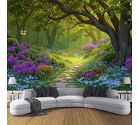 Papier Peint Panoramique 100×70cm, Revêtement Fleurs Papillons, 3D Motif Route Pavée Forêt Mural Poster Geant Murale Décoration pour Chambre Salon Couloir Bureau Cuisine Chambre Vert