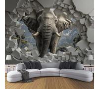 Papier Peint Panoramique 100×70cm, Revêtement Forêt Animaux, 3D Motif Mur Trou Éléphant Mural Poster Geant Murale Décoration pour Chambre Salon Couloir Bureau Cuisine Chambre Gris