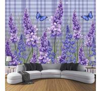 Papier Peint Panoramique 100×70cm, Revêtement Lavande Et Papillon, 3D Motif Classique À Carreaux Mural Poster Geant Murale Décoration pour Chambre Salon Couloir Bureau Cuisine Chambre Violet