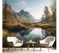 Papier Peint Panoramique 100×70cm, Revêtement Nature Lac, 3D Motif Europe Du Nord Montagnes Mural Poster Geant Murale Décoration pour Chambre Salon Couloir Bureau Cuisine Chambre Vert