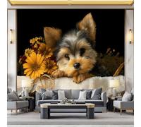 Papier Peint Panoramique 150 x 105 cm Chien animal avec motif floral romantique Art Photo Murale Chambre Décor, Papier Peint intissé fond pour Chambre D'Enfant Adolescent Maternelle Murale