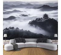 Papier Peint Panoramique 150 x 105 cm style oriental Impression Paysage Végétal sommets et nuages des montagnes Peint Décoration Murale Poster Noir et blanc Fresque Murale Salon Chambre Á Coucherr