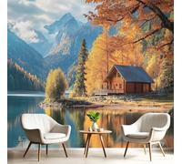 Papier Peint Panoramique 150x105cm, 3D Photographie De Chalet Photo Murales Tissu de Soie Peinture Interieur Paysage Au Bord Du Lac Geant Tableaux, Chambre Salon Décoration Muraux, Orange Bleu
