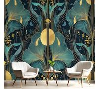 Papier Peint Panoramique 150x105cm Tapisserie de Soie Queue De Poisson Abstraite Et Feuilles De Ginkgo XXL Tableaux Muraux Art Déco Décoration Murale pour Chambre Salon D'Enfant, Sarcelle