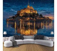Papier Peint Panoramique 200×150cm, Revêtement Ciel Nocturne Peinture À L'Huile, 3D Motif Île Château Mural Poster Geant Murale Décoration pour Chambre Salon Couloir Bureau Cuisine Chambre Bleu