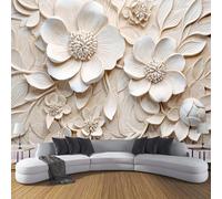 Papier Peint Panoramique 200×150cm, Revêtement Résumé Plantes, 3D Motif Fleurs 3D Reliefs Feuilles Mural Poster Geant Murale Décoration pour Chambre Salon Couloir Bureau Cuisine Chambre Beige