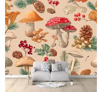 Papier Peint Panoramique 200 x 140 cm Dessin Animé Champignon Pomme Pin Baie Brindille - Papier Peint Effet 3D Tapisserie Murale en Intissé - Décoration Murale pour Salon Chambre & Cuisine Brun