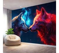 Papier Peint Panoramique 200 x 140 cm, Fantaisie Galaxies Loups Motif Papier Peint Intissé Décoration, Bleu Foncé Grande Poster Photo Murale Pour Chambre Salon Bureau Restaurant