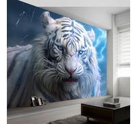 Papier Peint Panoramique 200 x 140 cm, Fantaisie Motif Papier Peint Intissé Décoration pour Salon Chambre Chambre d'Enfant - Foudre Tigre Blanc 3D Effet Poster Mural