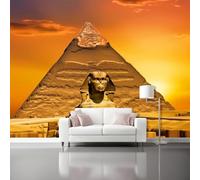 Papier peint panoramique 200 x 140 cm, Gros plan Statue Pyramides égyptiennes Design moderne, Revêtement mural décoration chambre salon, Orange Jaune Papier Peint intissé Poster Tableaux Muraux