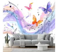Papier peint panoramique 200 x 140 cm - Imperméable Revêtement mural décoration salon - Onirique Notes de musique Papillon Lignes Design Pour Salon Chambre Tv Fond Murale Décoration Coloré