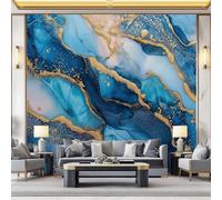 Papier Peint Panoramique 200 x 140 cm Mural 3D, Bleu or Tapisserie Photo Peinture Murale, Papier Peint Peinture Abstrait Peinture à l'encre Texture marbrée Fresque Pour Salon Chambre Toile Fond Tv