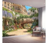 Papier Peint Panoramique 200 x 140 cm Mural 3D, Coloré Tapisserie Photo Peinture Murale, Papier Peint Peinture Style pastoral Architecture Ville Fleurs Fresque Pour Salon Chambre Toile Fond Tv