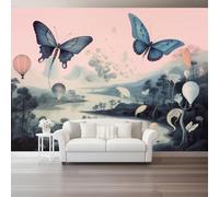 Papier Peint Panoramique 200 x 140 cm - Paysage Exotique Fantaisie Insectes Papillons Papier Peint Intissé, Bleu-Gris Moderne Mural pour Chambre Salon Appartement Télévision Fond Mur Decoration Murale