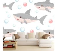 Papier Peint Panoramique 200 x 140 cm Poster Geant Mural 3D, Mignon Bulles Animaux Requin Photo Peinture Murale pour Salon Chambre Toile Fond TV - Bleu Personnalisé Fresque Home Decor