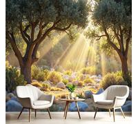 Papier Peint Panoramique 200X140Cm Forêt Rocheuse Impression Paysage Botanique Ensoleillé Papier Peint Décoration Murale Poster Vert Olive Fresque Murale Salon Chambre Á Coucherr Bureau Salle