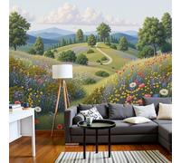 Papier Peint Panoramique 200x140cm, Papier Peint Style campagnard Colline couverte de fleurs sauvages Photo Murale Wallpaper Pour Chambre, Salon, Mur TV Artistique, Restaurant Décoration Murale
