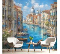 Papier Peint Panoramique 200X140Cm Paysage Urbain De Venise Impression Peinture À L'Huile Vintage Papier Peint Décoration Murale Poster Bleu Royal Fresque Murale Salon Chambre Á Coucherr Bureau Salle