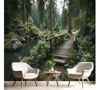 Papier Peint Panoramique 200x140cm, Paysages naturels Pont de bois Ruisseau Forêt de conifères Photo Mural, Papier Peint Décoration Murale Salon Chambre á Coucherr Bureau Enfant Chambre, Vert