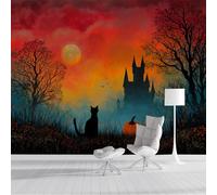 Papier Peint Panoramique 200x140cm Tapisserie de Soie Chat Noir Et Château XXL Tableaux Muraux Peinture À L'Huile D'Halloween Décoration Murale pour Chambre Salon D'Enfant, Orange-Rouge