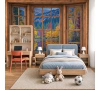 Papier Peint Panoramique 200X140Cm Vue Sur Forêt D'Automne Par Fenêtre Bleu Papier Peint Intissé Tapisserie Poster Décoration Murale Pour Chambre Enfant, Salon Chambre - Bord Lac Naturel Montagnes