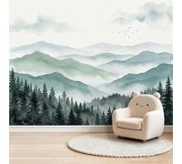Papier Peint Panoramique 250 x 175 cm, Blanc Vert Murale Décor de Maison | Aquarelle Paysage Intissé Murale pour Salon Chambre Bureau à domicile, Montagnes Forêt De Pins Brume Papier Peint Non collé
