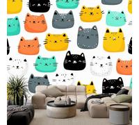 Papier Peint Panoramique 250 x 175 cm Chat mignon style dessin animé thème animal Art Photo Murale Chambre Décor, Papier Peint intissé fond pour Chambre D'Enfant Adolescent Maternelle Murale