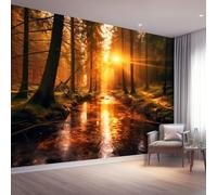 Papier peint panoramique 250 x 175 cm, Conception de motifs Nature Forêt Ruisseau Lever de soleil, Revêtement mural décoration salon, Coloré Décoration Murale en Intissé, Pour Salon Chambre