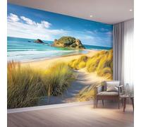 Papier Peint Panoramique 250 x 175 cm, Nature Littoral Dunes Plage Herbe Personnalisé Poster Photo Mural Papier Peint Décoration Murale Salon Chambre á Coucherr Bureau Enfant Chambre, Vert Bleu