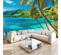 Papier Peint Panoramique 250 x 175 cm Papier Peint Intissé Mural Paysage Naturel Île Tropicale Eau De Mer Palmiers Art Mural Décor Poster Mural Bleu Pour Salon Chambre D'Enfants Décoration Murale