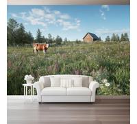 Papier peint panoramique 250 x 175 cm Revêtement mural décoration salon, Design Champ De Campagne Vache pour chambre salon cuisine Papier Peint Intissé Décoration Murale, Prairie Verte