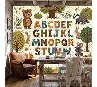 Papier Peint Panoramique 250x175cm （LXH）Animaux mignons de la forêt Alphabet anglais amusant et dessiné blanc cassé Papier Peint Intissé Tapisserie Poster Mural pour Salon Chambre Décoration Murale