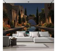 Papier Peint Panoramique 250x175cm, Voie Navigable À Porte Cintrée Mur Papier Peint, Paysage Architectural Décoration Revêtement Mural, Pour Cuisine, Salon, Fond TV Décoration Murale Bleu Et Jaune