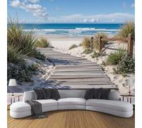 Papier Peint Panoramique 260×180cm, Revêtement Chemin Forestier Océan, 3D Motif Plage Herbe Mural Poster Geant Murale Décoration pour Chambre Salon Couloir Bureau Cuisine Chambre Bleu