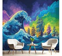 Papier Peint Panoramique 300×210cm, Revêtement Résumé Navire, 3D Motif Psychédélique Vagues Énormes Mural Poster Geant Murale Décoration pour Chambre Salon Couloir Bureau Cuisine Chambre Bleu