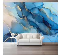 Papier Peint Panoramique 300 X 210 Cm Abstrait Peinture Fluide Feuille D'Or 3D Papier Peint Murale Bleu Orposter Geant Mural Personnalisé,Salon Chambre À Coucher Maison Décoration Intérieure