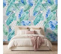 Papier Peint Panoramique 300 x 210 cm, Bleu Vert Papier Peint Intissé | Grille Lignes Feuilles Facile à Poser Décoration Murale pour Salon Chambre, Moderne Géométrique Durable Decora Murale Poster