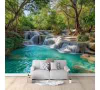 Papier Peint Panoramique 300 x 210 cm Escaliers Cascade Forêt Ruisseau Nature Fraîcheur - Papier Peint Effet 3D Tapisserie Murale en Intissé - Décoration Murale pour Salon Chambre & Cuisine Vert