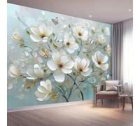 Papier Peint Panoramique 300 x 210 cm Mural 3D, Blanc Bleu Tapisserie Photo Peinture Murale, Papier Peint Peinture Peinture à l'huile Magnolia Fleurs Texture Fresque Pour Salon Chambre Toile Fond Tv