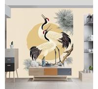 Papier peint panoramique 300 x 210 cm, Style japonais Traditionnel Grue Branches de pin, Couleur Revêtement mural pour Salon, Chambre, Salle à manger et Chambre d’enfant, Étanche et facile à installer