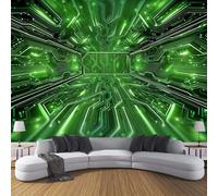 Papier Peint Panoramique 350× 256cm, Revêtement Rêve Lignes, 3D Motif Technologie Du Futur Rayures Mural Poster Geant Murale Décoration pour Chambre Salon Couloir Bureau Cuisine Chambre Vert