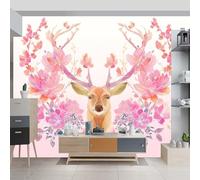 Papier peint panoramique 350 x 256 cm, Aquarelle Fleurs Cerf, Rose Revêtement mural moderne pour Salon, Chambre, Salle à manger et Chambre d’enfant, Étanche et facile à installer
