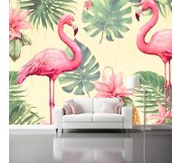 Papier Peint Panoramique 350 x 256 cm, Nostalgie rétro Ananas tropicaux Flamants roses Salon Chambre à Coucher Maison Décoration Intérieure - Papier Peint intissé 3D Rose