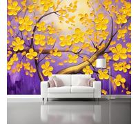 Papier Peint Panoramique 350 x 256 cm - Peinture À L'Huile Branches Pétales De Fleurs Papier Peint Intissé, Jaune Violet Mural pour Chambre Salon Appartement Télévision Fond Mur Decoration Murale
