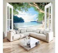 Papier Peint Panoramique 350 X 256 Cm Poster Geant Mural Vue La Fenêtre Sur La Plage Tropicale Intissé Toison Mur Xxl Muraux Tapisserie Photo Pour Salon Chambre D'Enfants Décoration Murale Vert