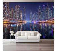 Papier peint panoramique 350 x 256 cm Revêtement mural décoration salon, Design Architecture Moderne Belle Néon pour chambre salon cuisine Papier Peint Intissé Décoration Murale, Bleu Foncé